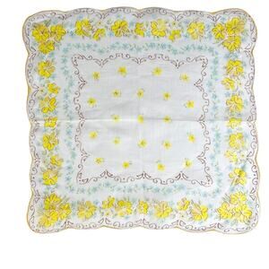 Handkerchief Vintage Floral Print Scalloped Edges Flowers Yellow Blue 12x11.5